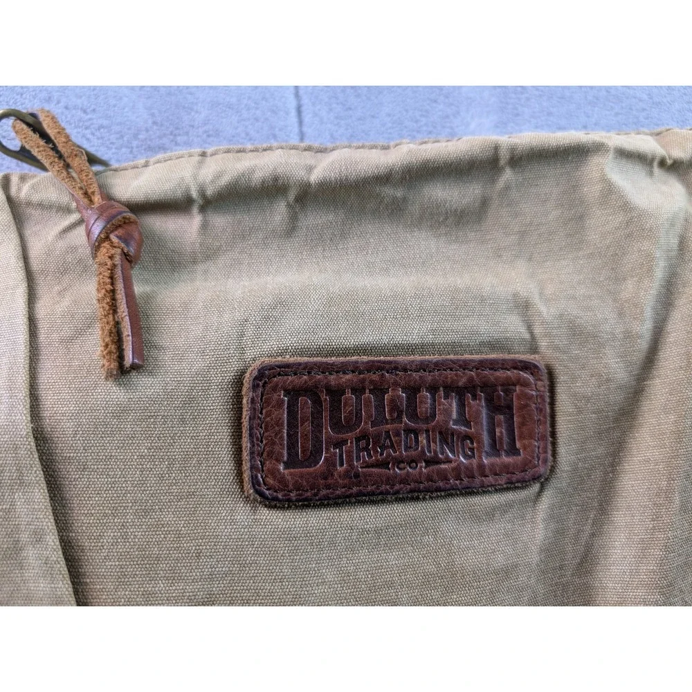 Duluth Trading Co Canvas Messenger Bag Khaki Brown Leather Trim Crossbody Small